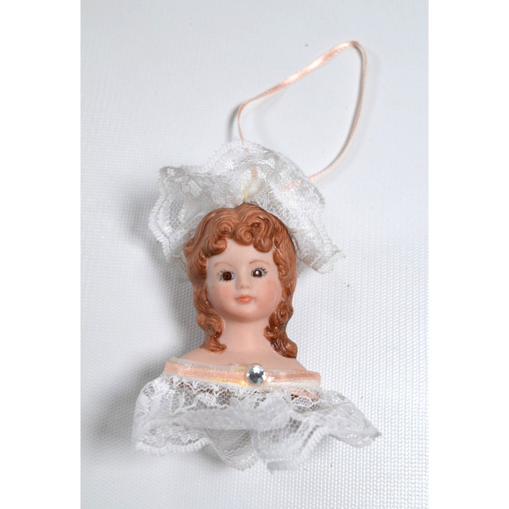 Vintage 1989 Victorian Style Christmas Tree Hanging Ornament Bisque Face 8"